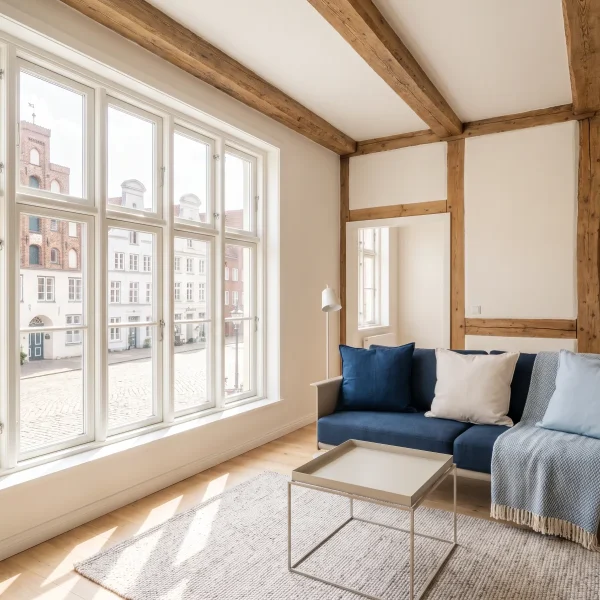 Modern renovated living room with blue sofa and large window view of a historic Lübeck street.